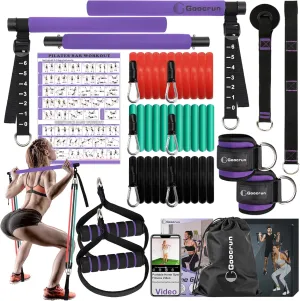 Portable Pilates Bar and Resistance Band Set with Handles. Multipurpose Home Gym with Door Anchor and Extension Belt, Supports Full-Body Workouts - with Fitness Poster and Video