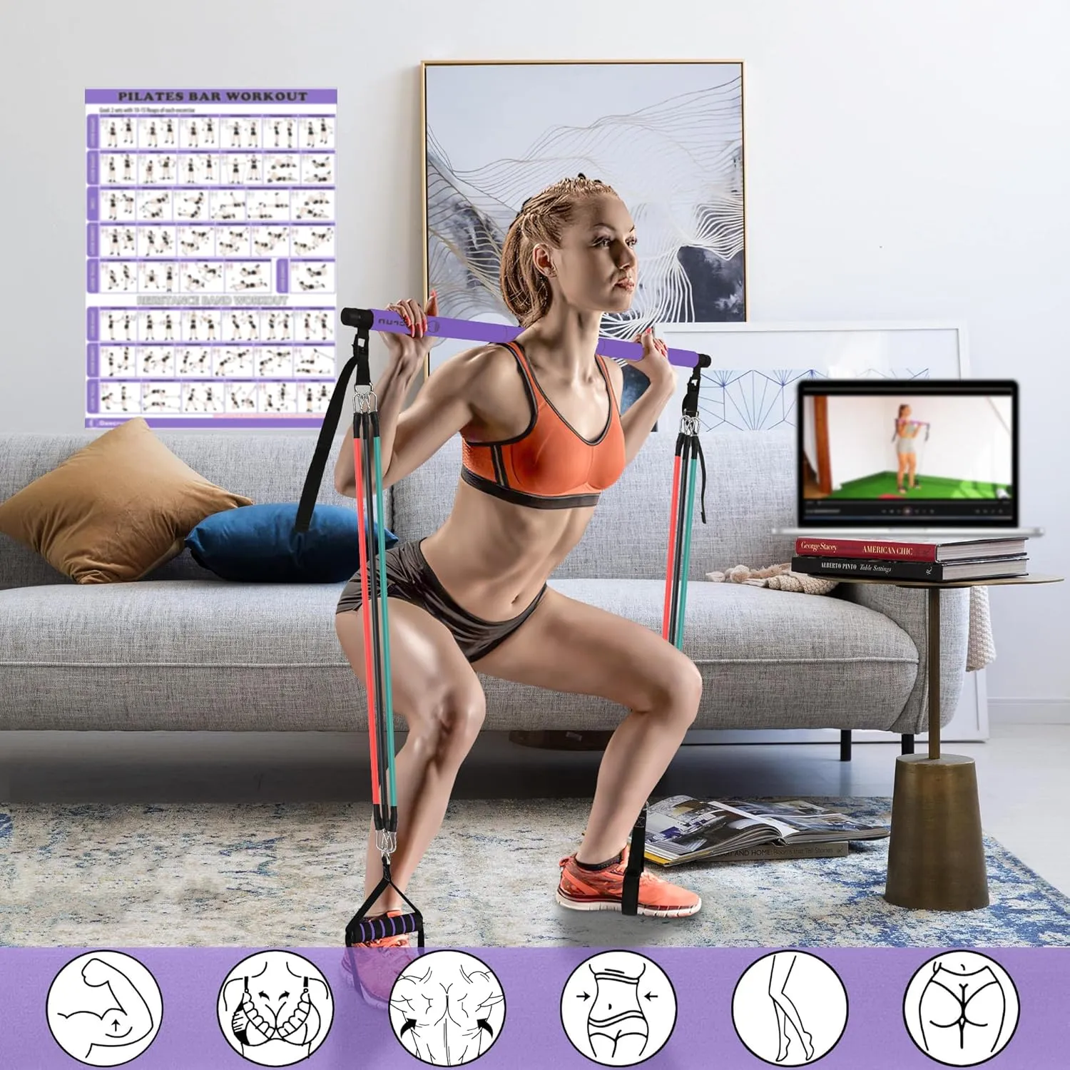 Portable Pilates Bar and Resistance Band Set with Handles. Multipurpose Home Gym with Door Anchor and Extension Belt, Supports Full-Body Workouts - with Fitness Poster and Video