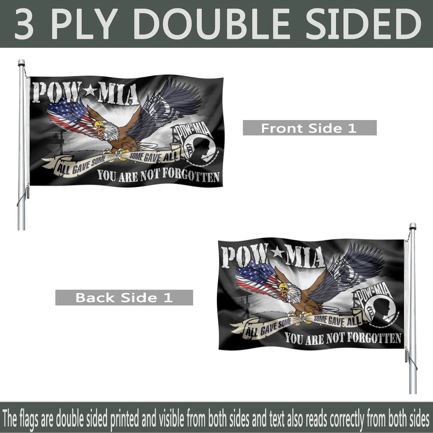 Pow Mia Eagle Flag Double Sided 3x5 Outdoor- Durable 3Ply Heavy Duty All Gave Some Gave All You are Not Frgotten Veterans Military Flag Banner with 2 Grommets