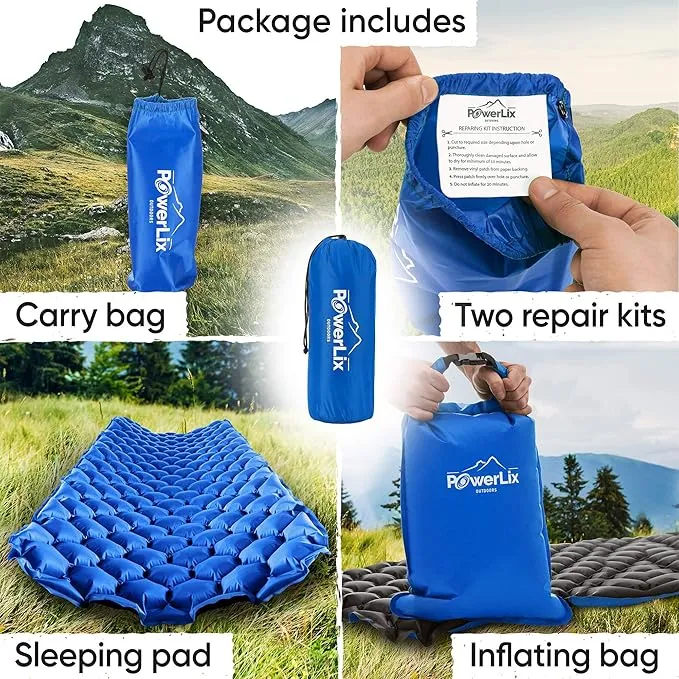 POWERLIX Ultralight Sleeping Pad for Camping with Inflating Bag, Carry Bag, Repair Kit – Compact Lightweight Camping Mat, Outdoor Backpacking Hiking Traveling Airpad Camping Air Mattress