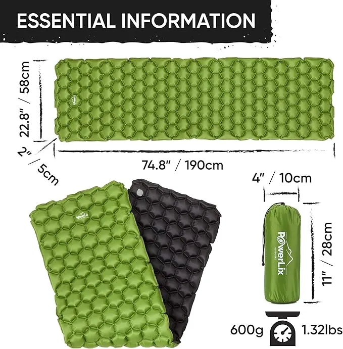 POWERLIX Ultralight Sleeping Pad for Camping with Inflating Bag, Carry Bag, Repair Kit – Compact Lightweight Camping Mat, Outdoor Backpacking Hiking Traveling Airpad Camping Air Mattress