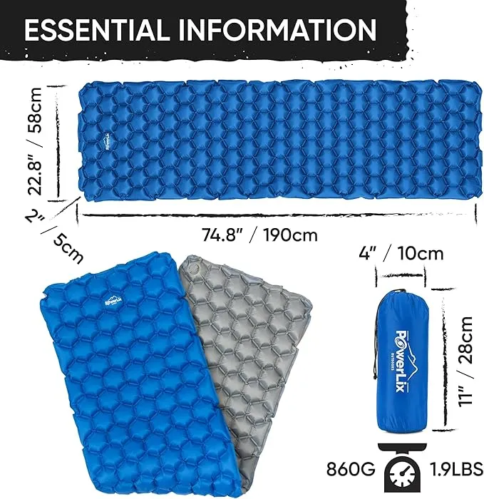 POWERLIX Ultralight Sleeping Pad for Camping with Inflating Bag, Carry Bag, Repair Kit – Compact Lightweight Camping Mat, Outdoor Backpacking Hiking Traveling Airpad Camping Air Mattress