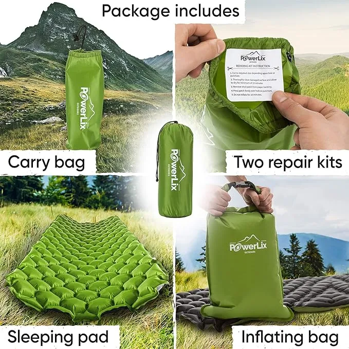 POWERLIX Ultralight Sleeping Pad for Camping with Inflating Bag, Carry Bag, Repair Kit – Compact Lightweight Camping Mat, Outdoor Backpacking Hiking Traveling Airpad Camping Air Mattress