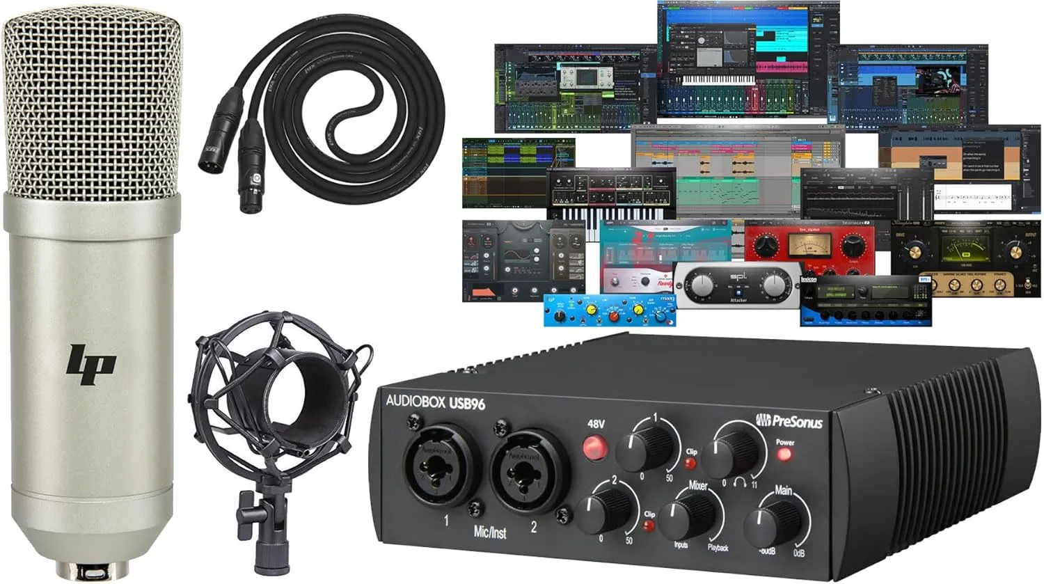 Presonus AudioBox 96 25th Anniversary Audio/Midi Recording USB Interface and NEW Updated Studio One Artist Software Kit with Condenser Microphone Shockmount and XLR Cable