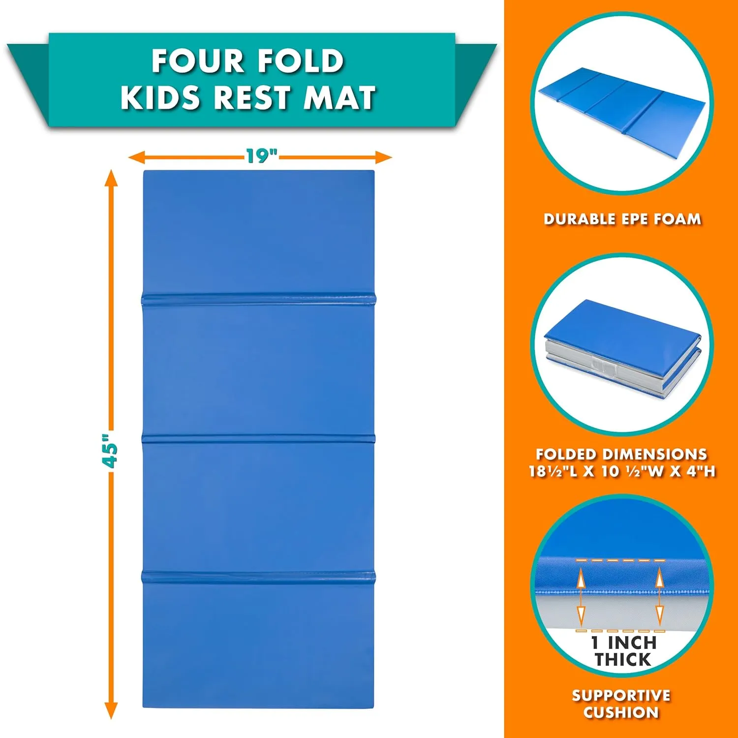 ProSource Four-Fold Kids Rest Mat, 1-inch Thick Sleeping Mats for Kids, Foam Folding Mat for Child Comfort, 45-in - Blue/Grey
