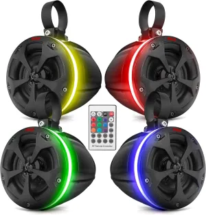 Pyle Waterproof Off-Road Speakers - 2-Way 800W 4 Inch Marine Grade Wakeboard Tower Speaker System Full Range Outdoor Audio Stereo Speaker w/RGB Lights - ATV, UTV, 4x4, Jeep, Watercraft, Boat (2 Pair)