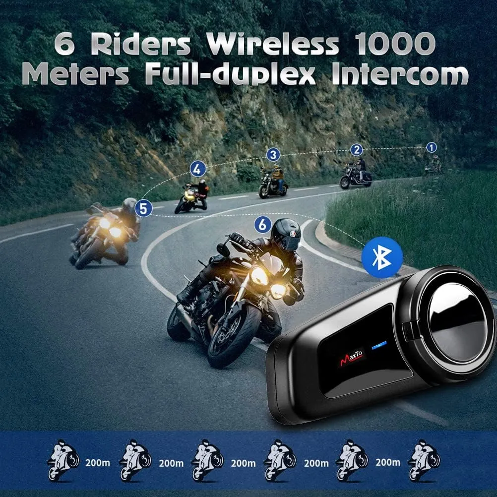 QSPORTPEAK Motorcycle Helmet Bluetooth Intercom Kit, M2 1000M 5.0 Bluetooth Motorcycle Helmet Communication Systems Up to 6 Riders with Noise Cancellation, FM, Hands-Free, Waterproof (1 Pack)