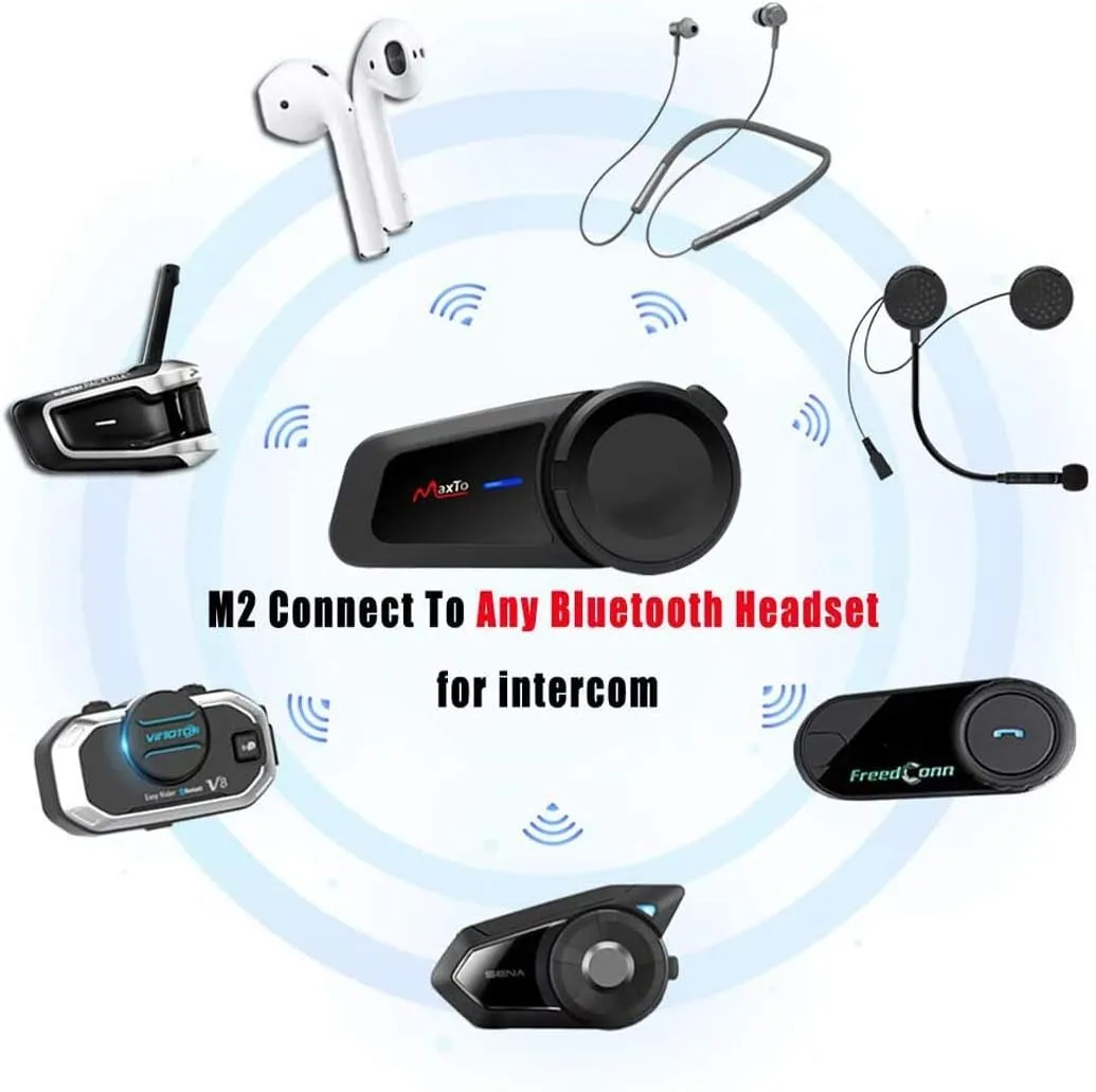 QSPORTPEAK Motorcycle Helmet Bluetooth Intercom Kit, M2 1000M 5.0 Bluetooth Motorcycle Helmet Communication Systems Up to 6 Riders with Noise Cancellation, FM, Hands-Free, Waterproof (1 Pack)