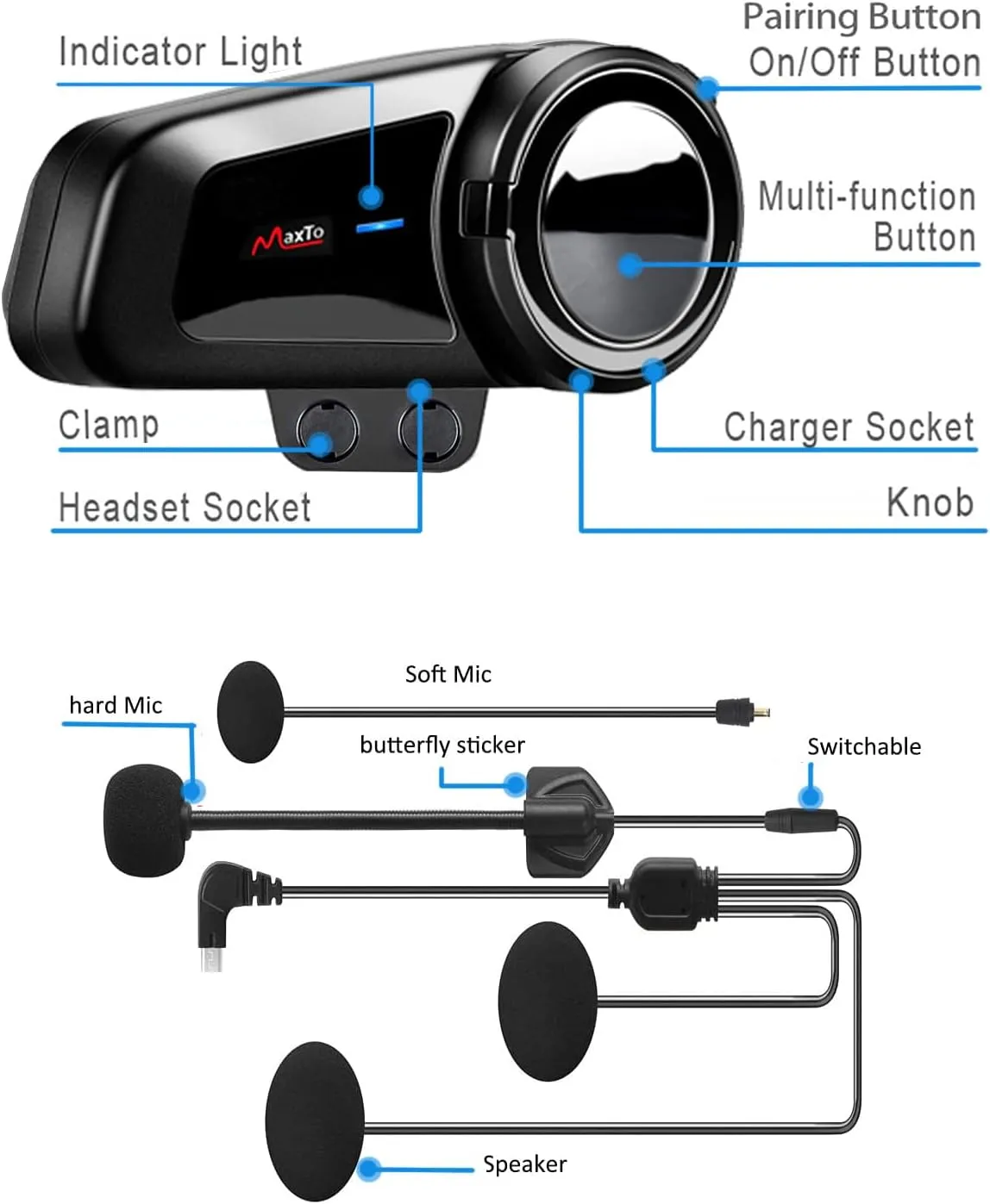QSPORTPEAK Motorcycle Helmet Bluetooth Intercom Kit, M2 1000M 5.0 Bluetooth Motorcycle Helmet Communication Systems Up to 6 Riders with Noise Cancellation, FM, Hands-Free, Waterproof (1 Pack)