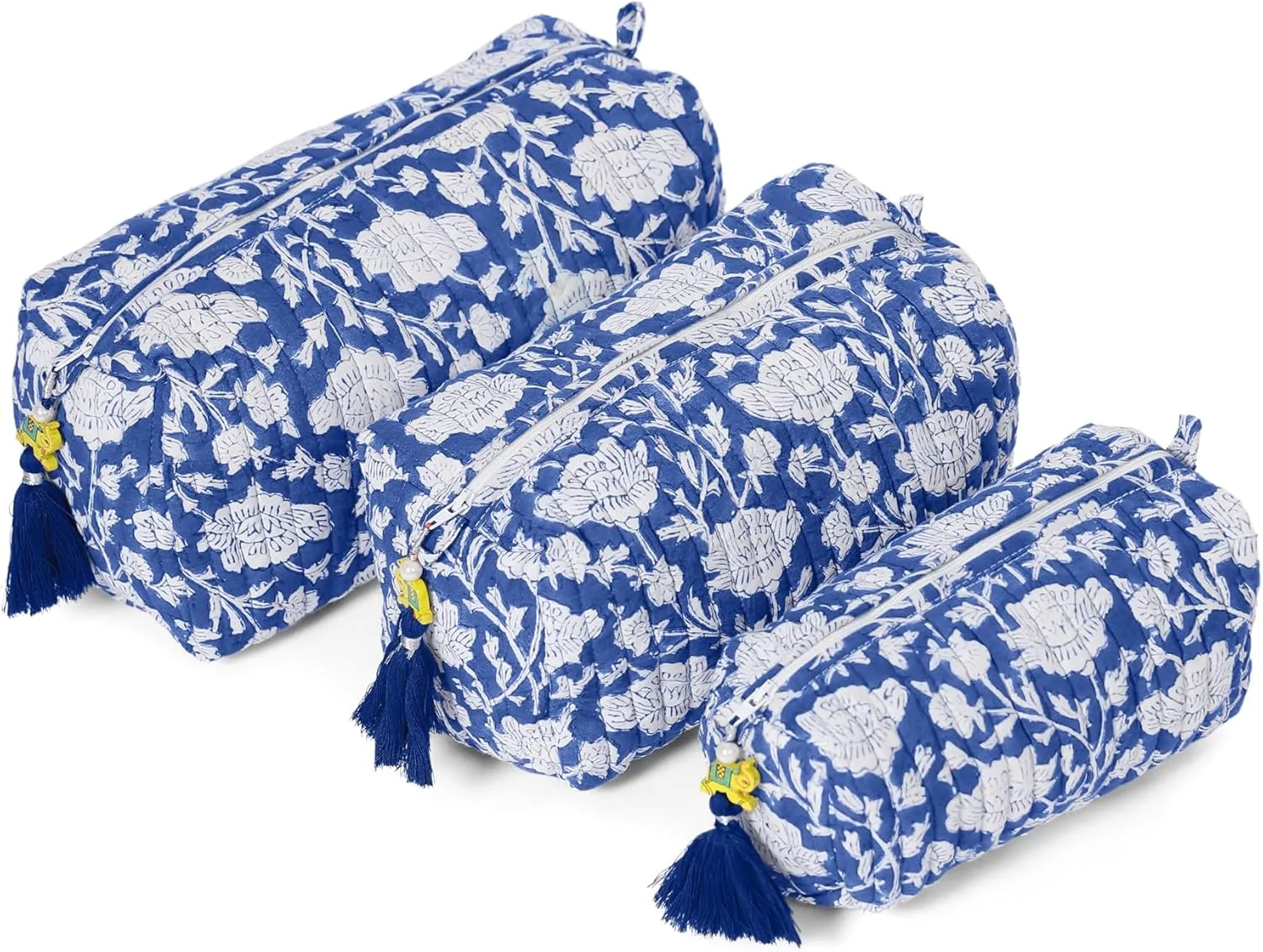 Quilted Floral Makeup Bag Set – Blue Poppy Pattern 3 Sizes, Waterproof Lining, Make Up Travel Cosmetic & Toiletry Bags For Traveling Women
