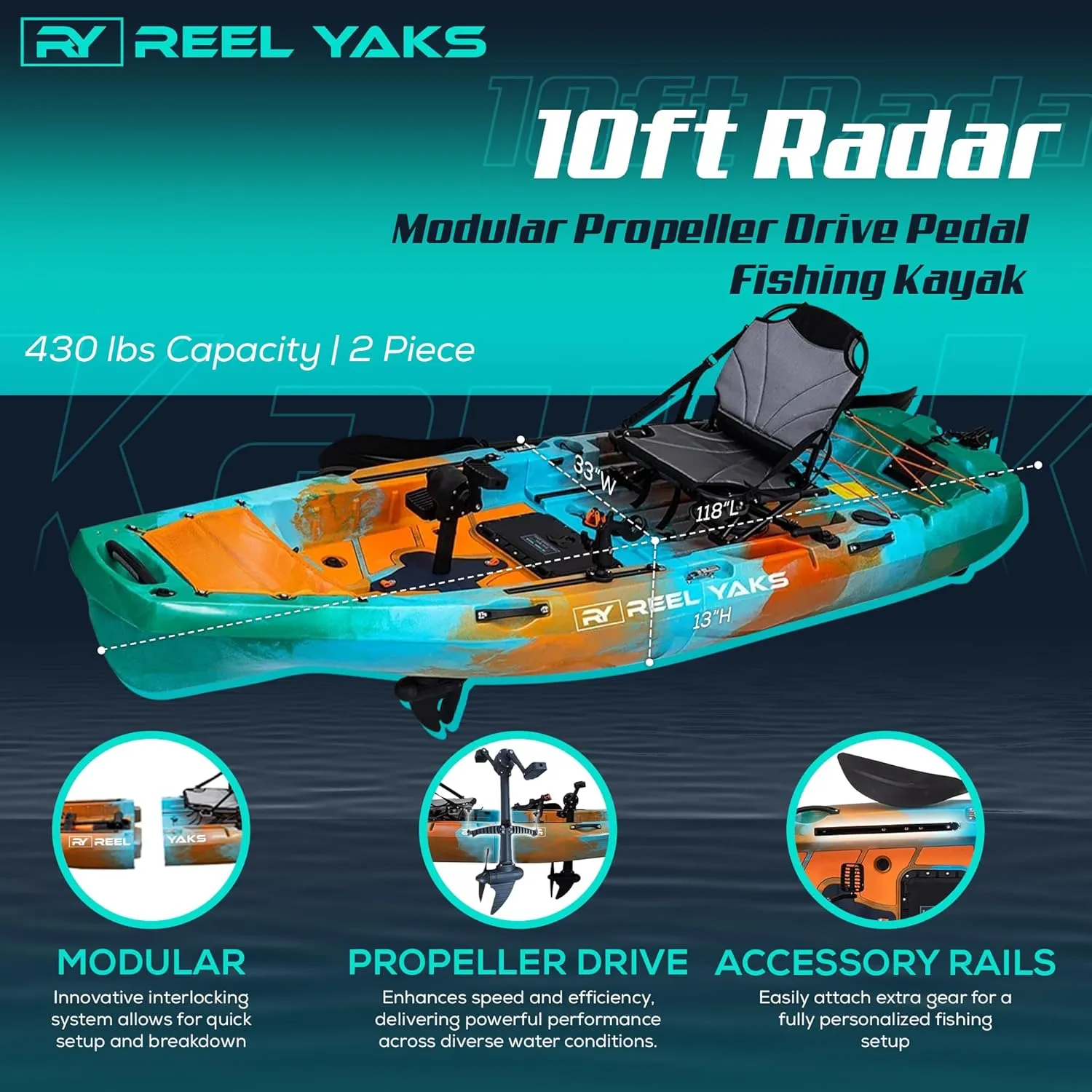 Radar Modular Fishing Kayak - 10ft Lightweight, Sit On Top Kayak for Adults & Youth - Stable & Portable, Ideal Space-Saving Design for Travel - 400 lbs Capacity