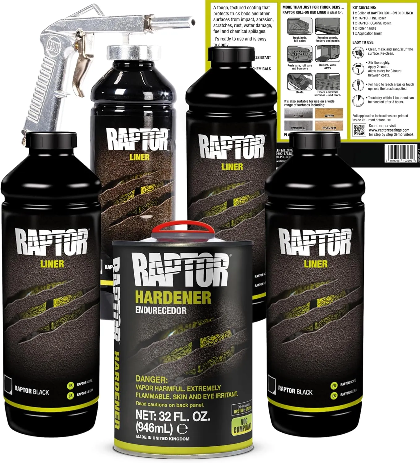 Raptor Black Urethane Spray-On Truck Bed Liner Kit, Protective Paint with Spray Gun, for Tailgates & Trucks, Vehicle Undercoating, 4 Litres