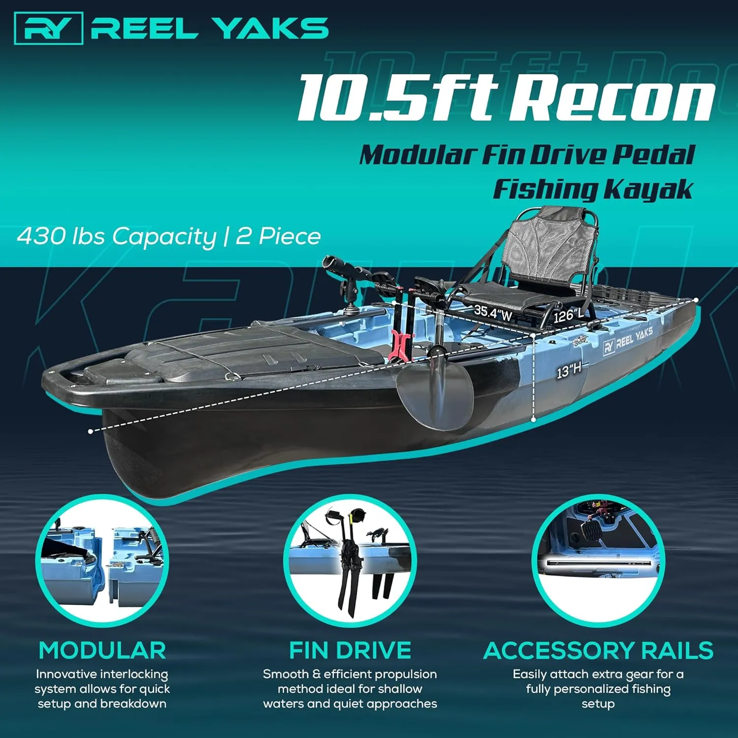 Recon Modular Fishing Kayak - 10.5ft Lightweight, Sit On Top Kayak for Adults & Youth - Stable & Portable, Ideal Space-Saving Design - 400 lbs Capacity