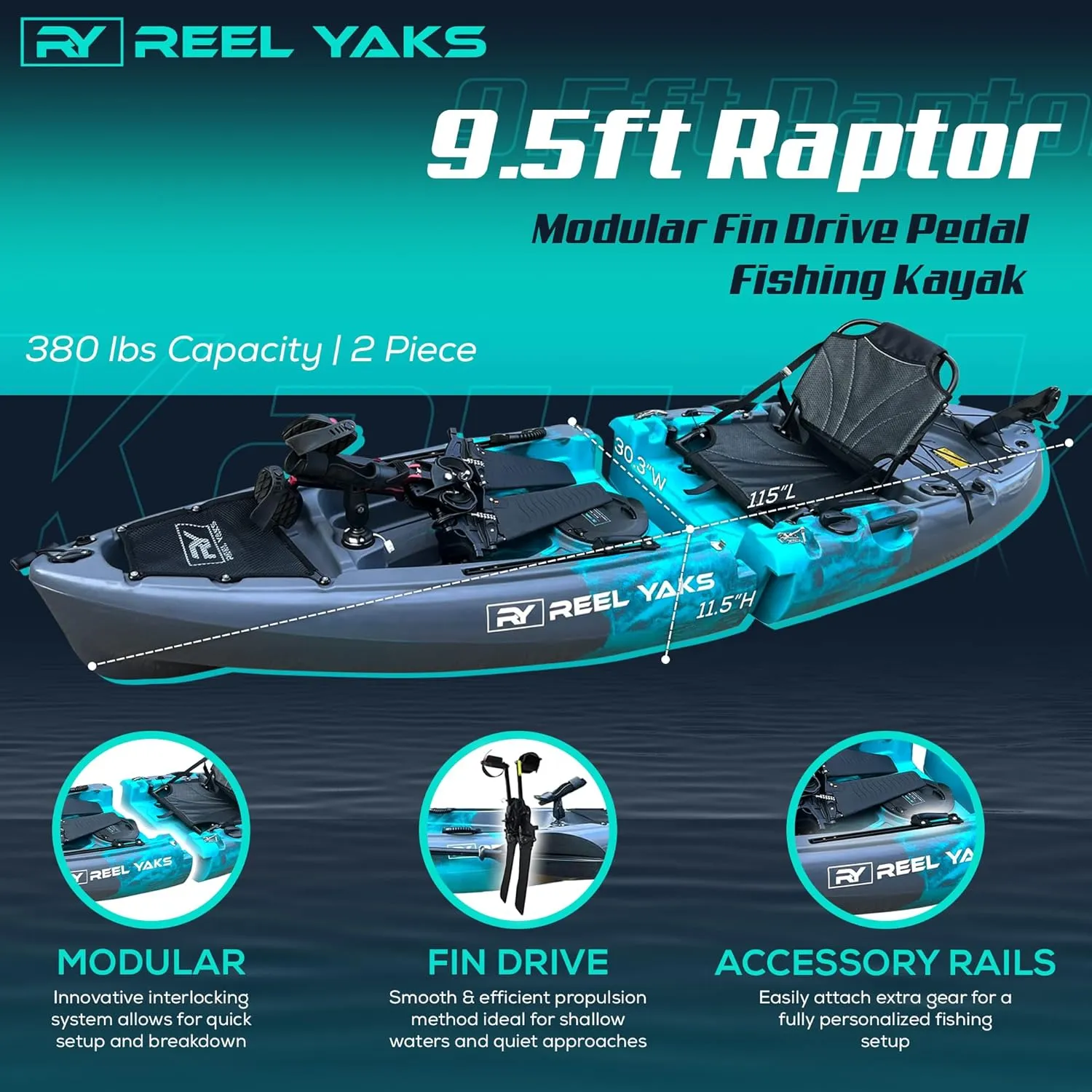 Reel Yaks Raptor Modular Fishing Kayak - 9.5ft Lightweight Sit On Top Kayak for Adults & Youth - Stable & Portable, Ideal Space-Saving Design for Travel - 380lbs Capacity