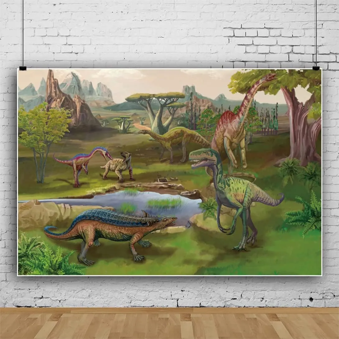 Renaiss 7x5ft Dinosaur World Park Backdrop Polyester Tropical Jungle Safari Forest Trees Mountain Lake Rainforest Dino Animals Background Photography for Kids Boy Birthday Party Decor Photo Props