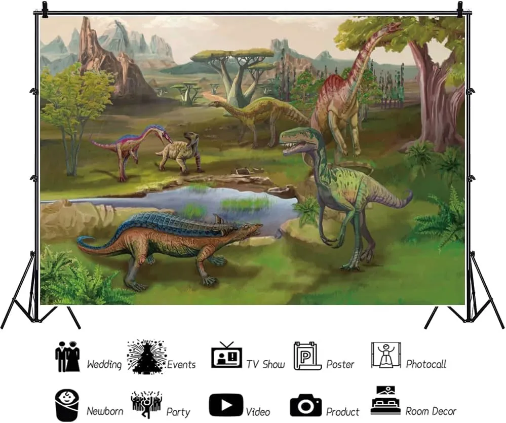 Renaiss 7x5ft Dinosaur World Park Backdrop Polyester Tropical Jungle Safari Forest Trees Mountain Lake Rainforest Dino Animals Background Photography for Kids Boy Birthday Party Decor Photo Props