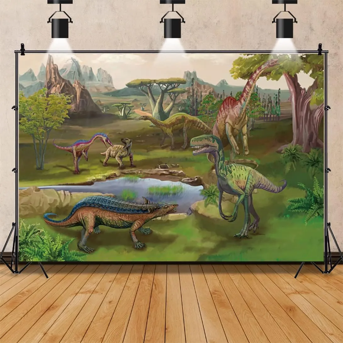 Renaiss 7x5ft Dinosaur World Park Backdrop Polyester Tropical Jungle Safari Forest Trees Mountain Lake Rainforest Dino Animals Background Photography for Kids Boy Birthday Party Decor Photo Props