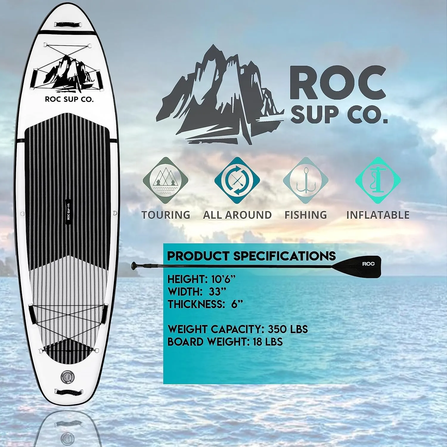 Roc Inflatable Stand Up Paddle Boards 10 ft 6 in with Premium SUP Paddle Board Accessories, Wide Stable Design, Non-Slip Comfort Deck for Youth & Adults