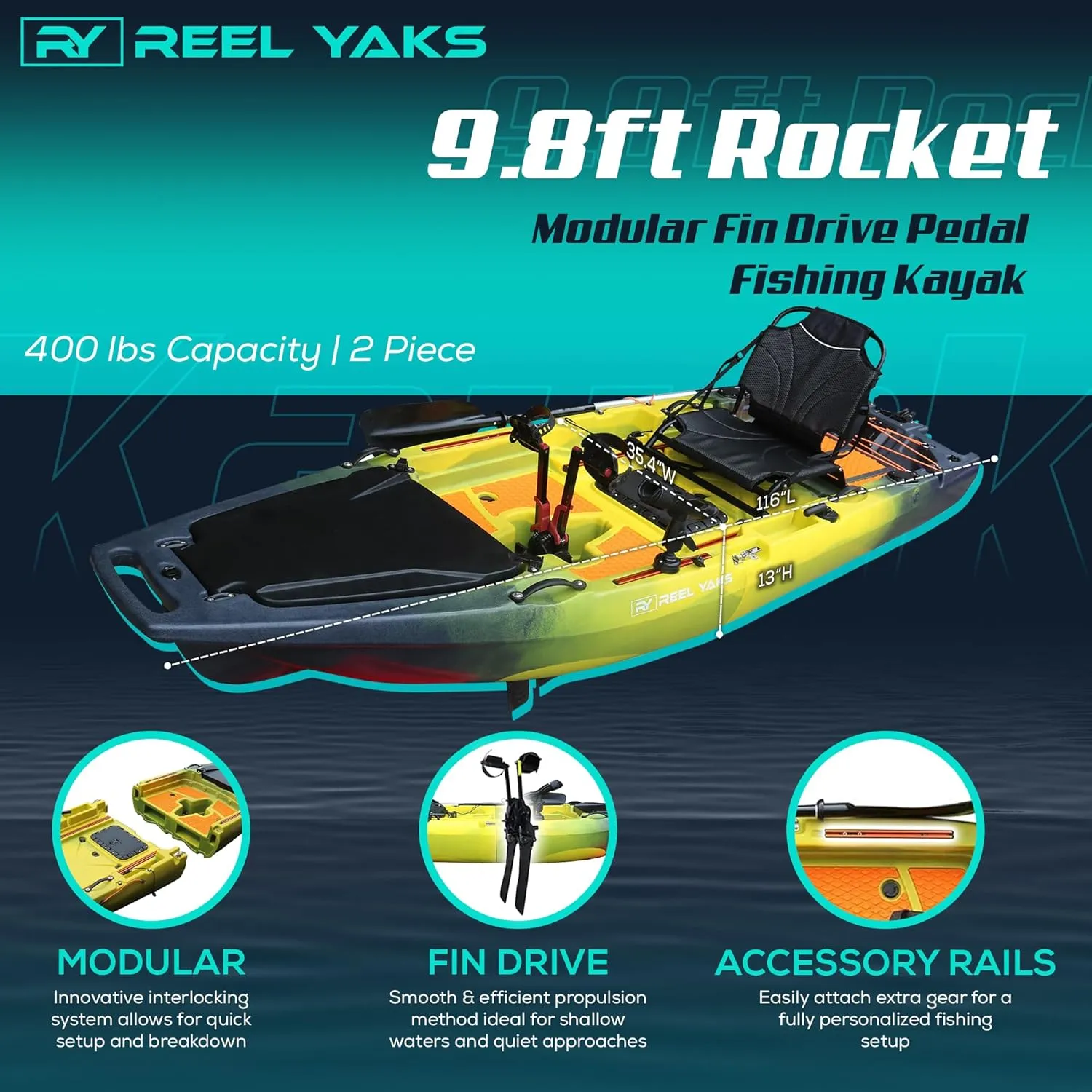 Rocket Modular Fishing Kayak - 9.8ft Lightweight, Sit On Top Kayak for Adults & Youth - Stable & Portable, Ideal Space-Saving Design for Travel - 400 lbs Capacity