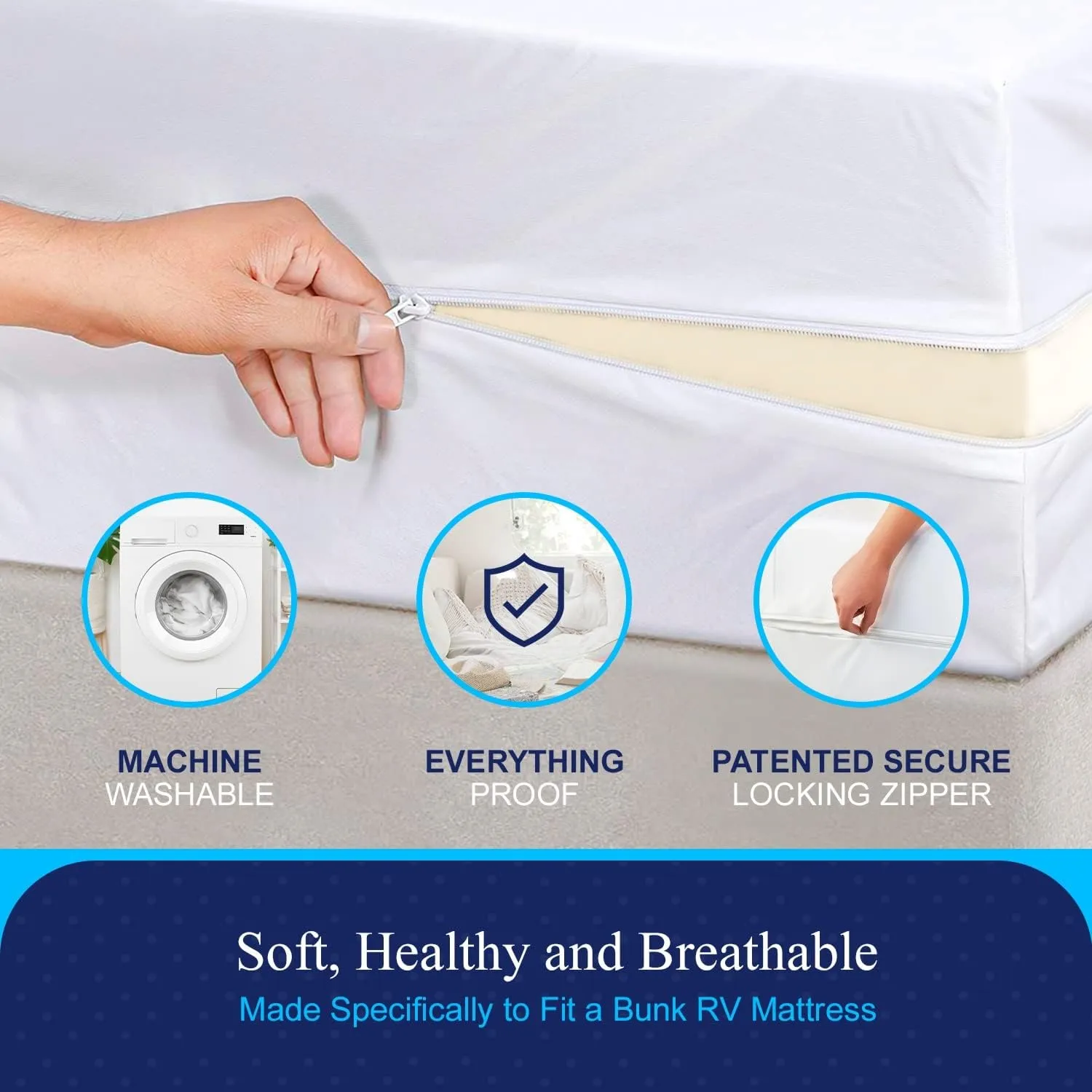 RV 6 Sided Zippered Mattress Protector with Secure Locking Zipper for 66x80 Olympic Queen. Creates a Natural Seal Around Your Mattress from Dust, Pet Dander, Pollen, Liquids & More. Oeko-Tex Certified