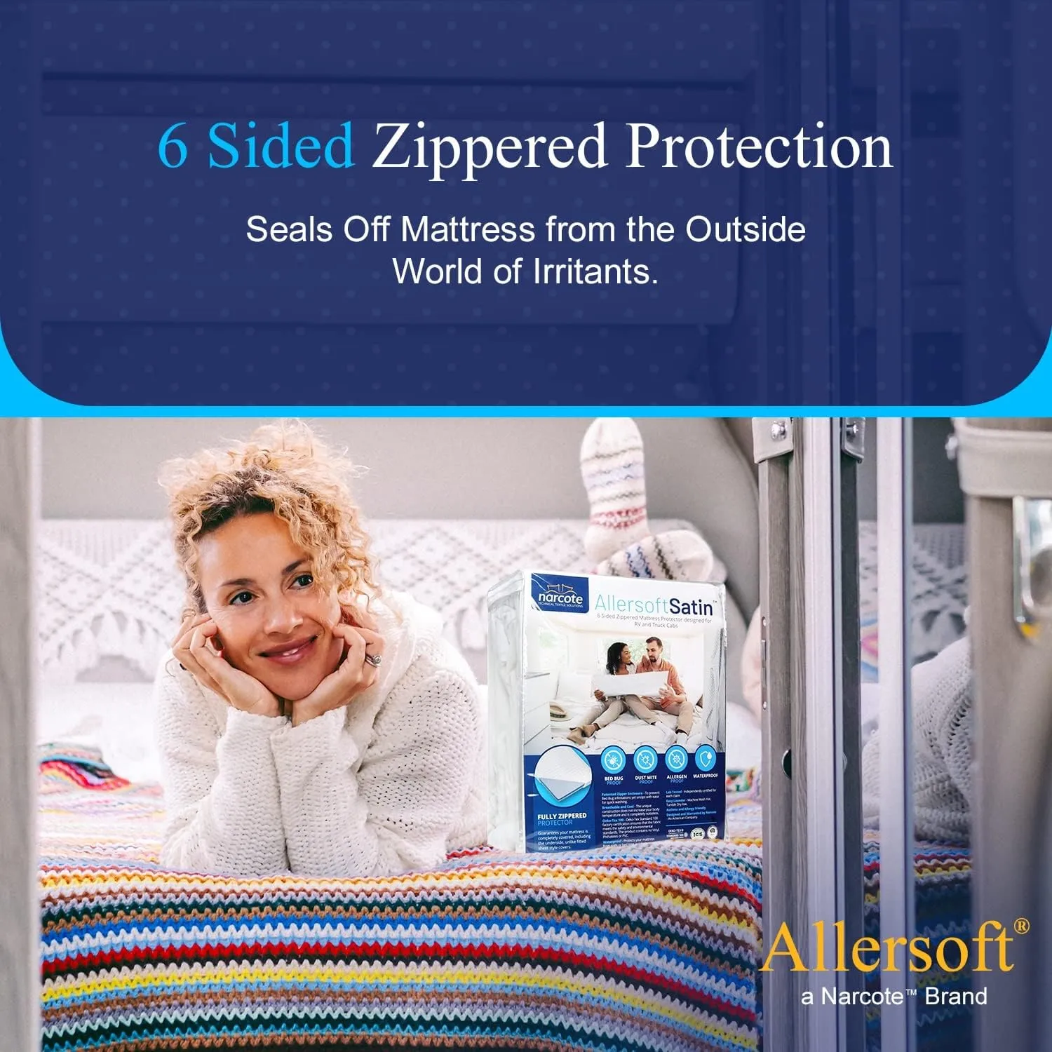 RV 6 Sided Zippered Mattress Protector with Secure Locking Zipper for 66x80 Olympic Queen. Creates a Natural Seal Around Your Mattress from Dust, Pet Dander, Pollen, Liquids & More. Oeko-Tex Certified