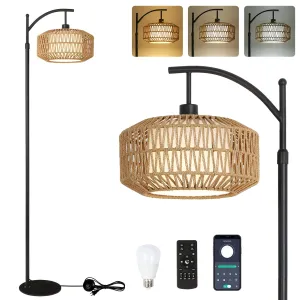 Rynx | Lamsu Arc Floor Lamps For Living Room, Dimmable Rattan Floor Lamp With Remote & Led Light Bulb, Mid Century Modern Standing Lamp With Double Shade, Boho Farmhouse High Floor Lamps For Bedroom Office