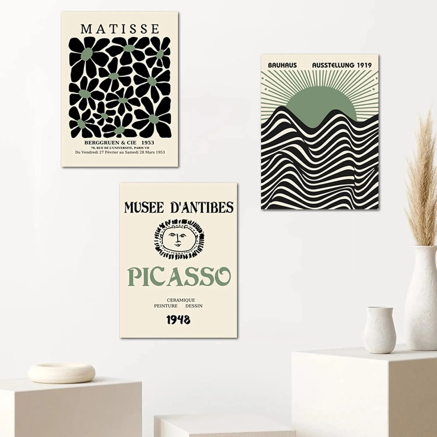 Sage Green Matisse Wall Art Set of 3, Abstract Matisse Wall Art Posters Decor, Minimalist Framed Wall Art Geometric Line Sun Rising Green Canvas Artwork Paintings, Bedroom, Office