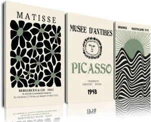 Sage Green Matisse Wall Art Set of 3, Abstract Matisse Wall Art Posters Decor, Minimalist Framed Wall Art Geometric Line Sun Rising Green Canvas Artwork Paintings, Bedroom, Office
