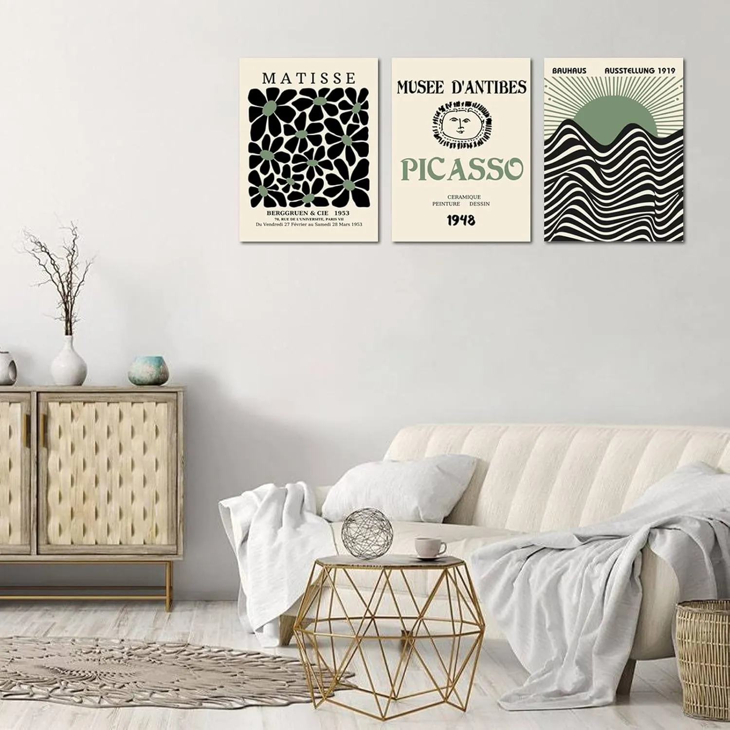 Sage Green Matisse Wall Art Set of 3, Abstract Matisse Wall Art Posters Decor, Minimalist Framed Wall Art Geometric Line Sun Rising Green Canvas Artwork Paintings, Bedroom, Office