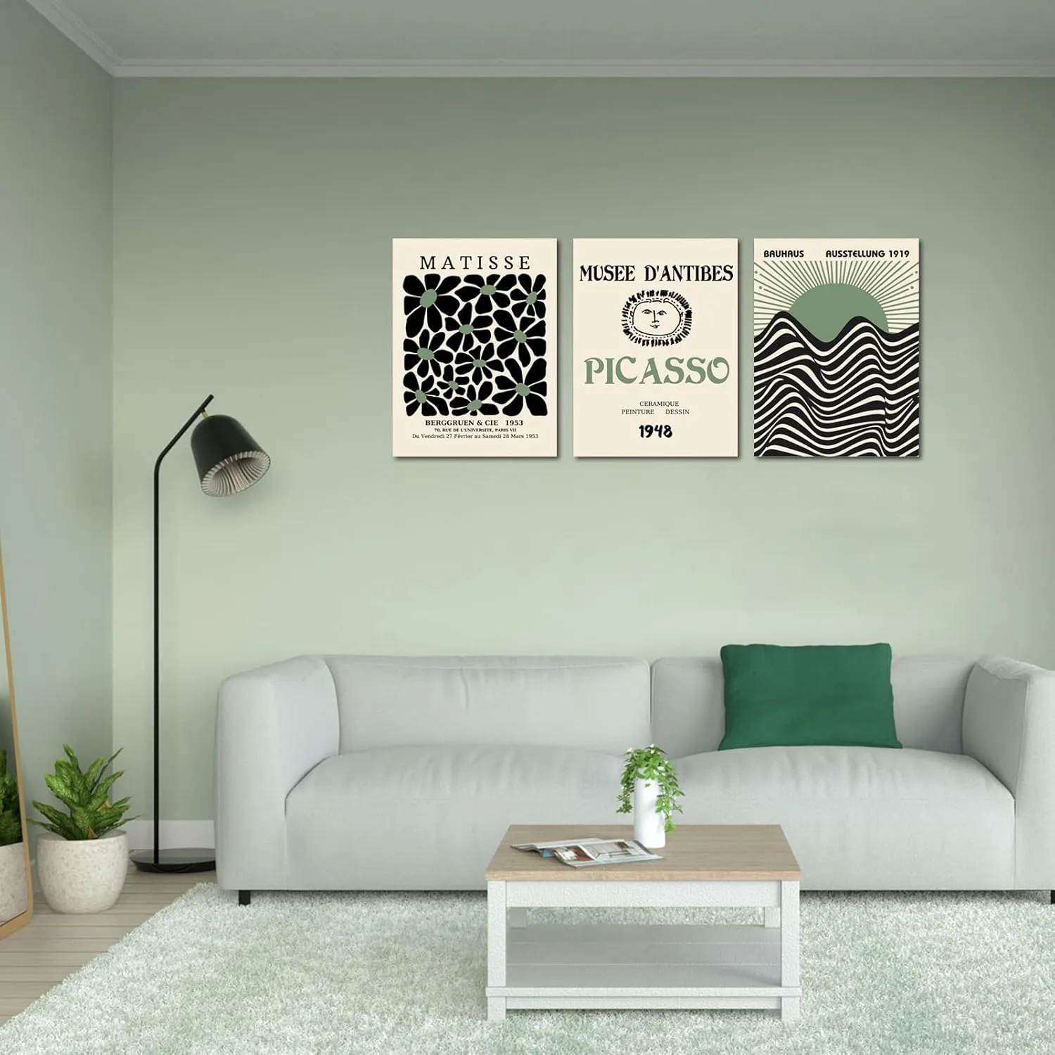 Sage Green Matisse Wall Art Set of 3, Abstract Matisse Wall Art Posters Decor, Minimalist Framed Wall Art Geometric Line Sun Rising Green Canvas Artwork Paintings, Bedroom, Office