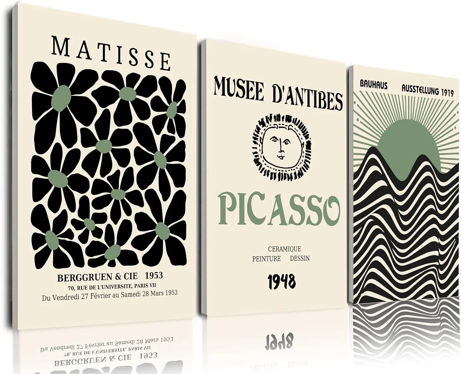 Sage Green Matisse Wall Art Set of 3, Abstract Matisse Wall Art Posters Decor, Minimalist Framed Wall Art Geometric Line Sun Rising Green Canvas Artwork Paintings, Bedroom, Office