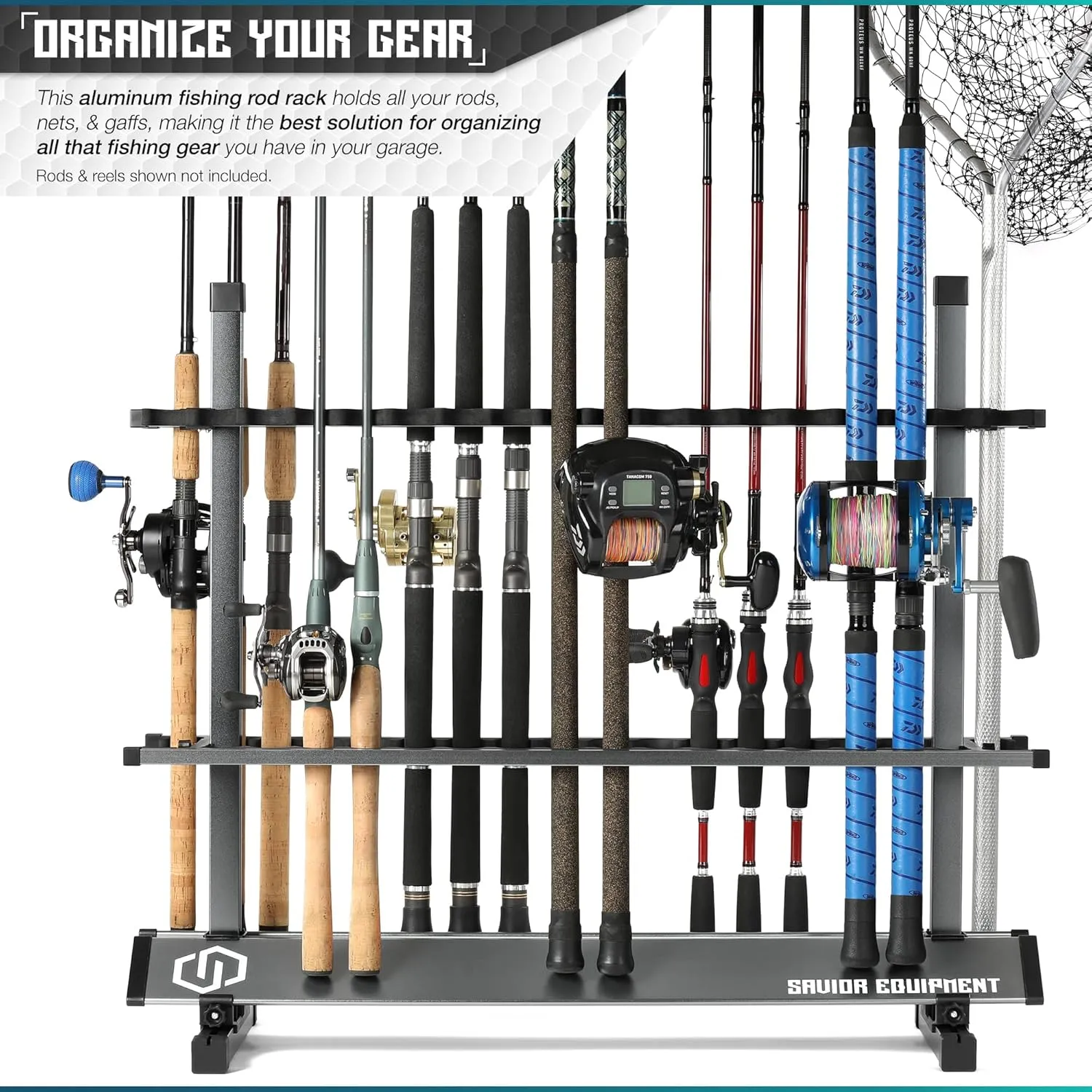 Savior Equipment Fishing Rod Rack Holder Organizer, 24-48 Slots to Hold Fresh Salt Water Spinning Rods & Reel Combo, Lightweight Aluminum Vertical Fish Pole Garage Storage Ground Display Stand