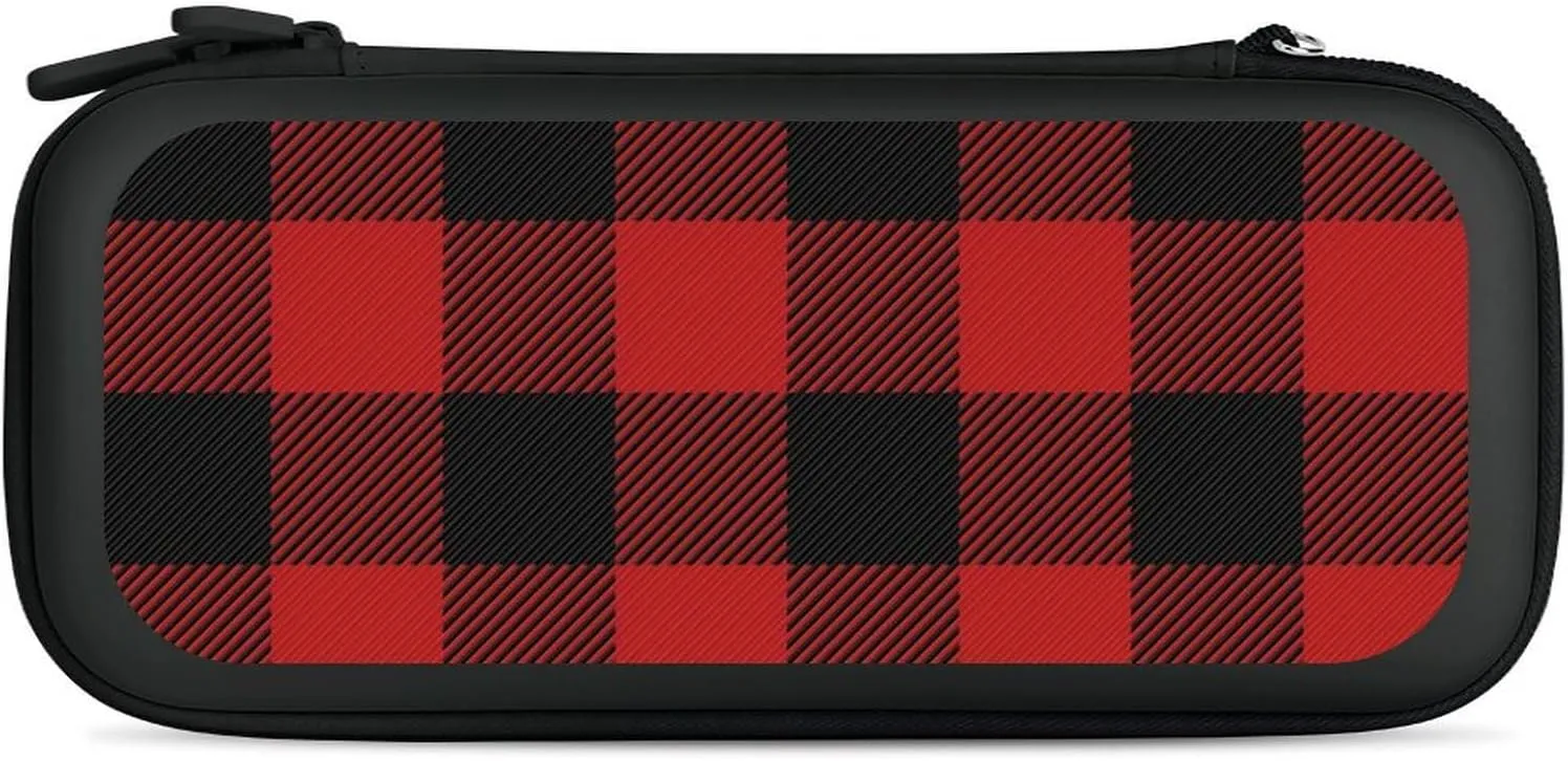 Scottish Red Checkered Black Twill Hard Shell Travel Case with Rope 15 Game Card Pockets Compatible with Switch Protective