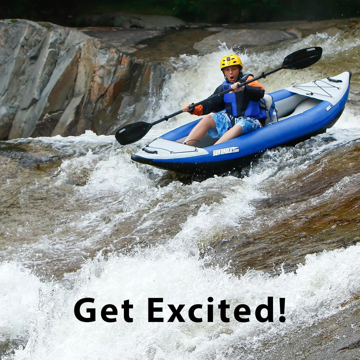 Sea Eagle 300X Explorer Touring, Camping, Fishing Whitewater Inflatable Kayak, Solo, Self-Bailing, Drop Stitch Floor-Paddle, Seat, Pump, Skeg, Bag