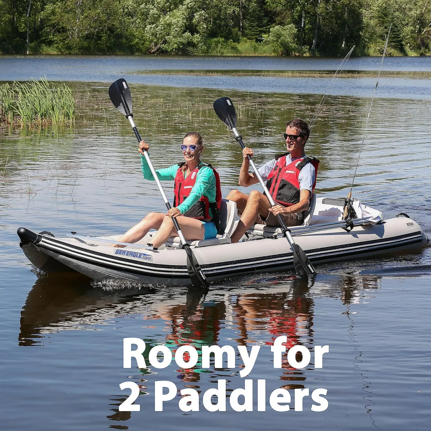 Sea Eagle 437ps PaddleSki Inflatable 1-2 Person Catamaran Boat – Paddle, Motor, Fish, or Sail – 4-in-1 Inflatable Watercraft – Self Bailing