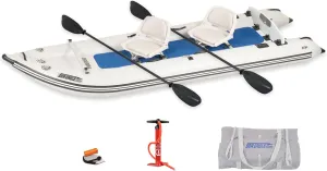 Sea Eagle 437ps PaddleSki Inflatable 1-2 Person Catamaran Boat – Paddle, Motor, Fish, or Sail – 4-in-1 Inflatable Watercraft – Self Bailing