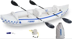 Sea Eagle SE370 Inflatable Kayak 1-3 Person-Portable Stowable & Lightweight-with Seat(s), Paddle(s), Foot Pump and Bag