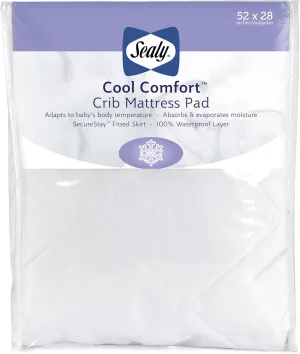 Sealy Baby Cool Comfort Fitted Waterproof Infant Cooling Crib Mattress Protector Pad and Toddler Bed Cover, Durable and Comfortable Topper, Machine Washable and Dryer Friendly, 52” x 28”- White