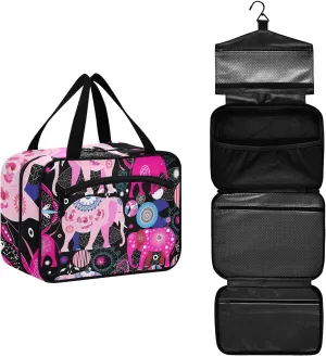 Seamless Bright Pink Elephants Tribal Ethnic Theme on Black Women's Portable Makeup Bag with Handle Cosmetic Bag, Twill Cloth Travel Cosmetic Bag, Polyester Toiletry Bag for Women L Size