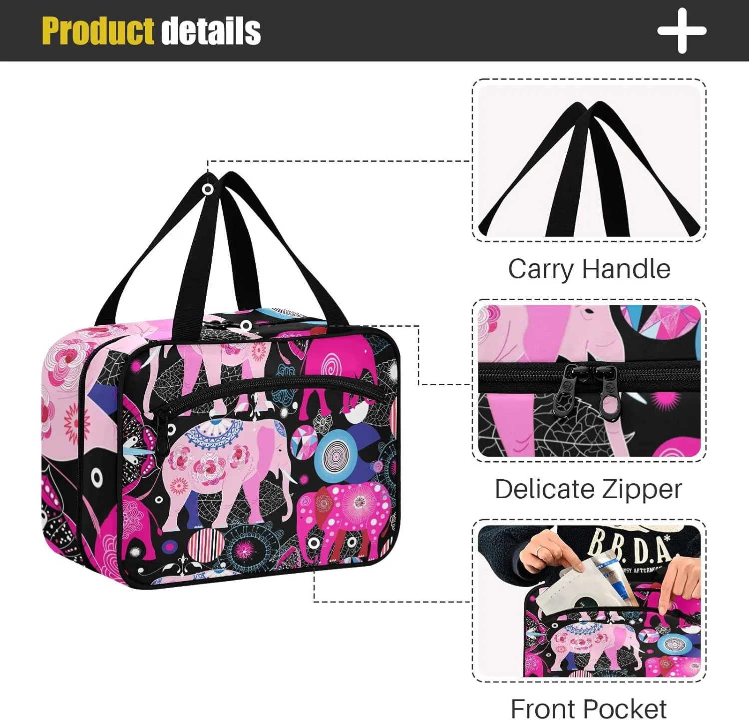 Seamless Bright Pink Elephants Tribal Ethnic Theme on Black Women's Portable Makeup Bag with Handle Cosmetic Bag, Twill Cloth Travel Cosmetic Bag, Polyester Toiletry Bag for Women L Size