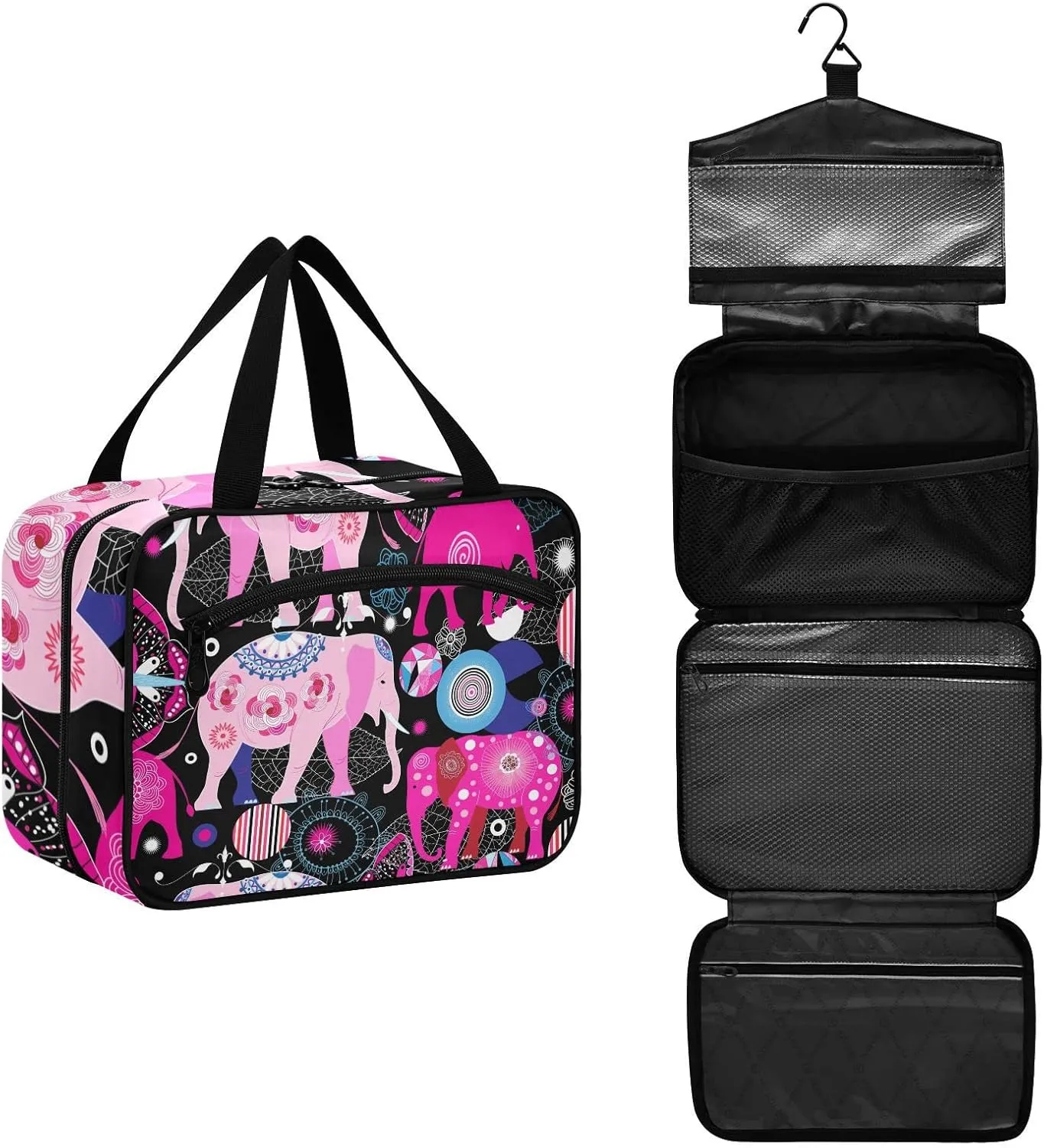 Seamless Bright Pink Elephants Tribal Ethnic Theme on Black Women's Portable Makeup Bag with Handle Cosmetic Bag, Twill Cloth Travel Cosmetic Bag, Polyester Toiletry Bag for Women L Size