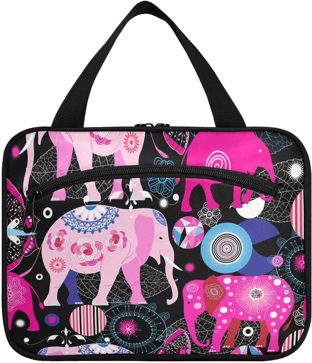 Seamless Bright Pink Elephants Tribal Ethnic Theme on Black Women's Portable Makeup Bag with Handle Cosmetic Bag, Twill Cloth Travel Cosmetic Bag, Polyester Toiletry Bag for Women L Size