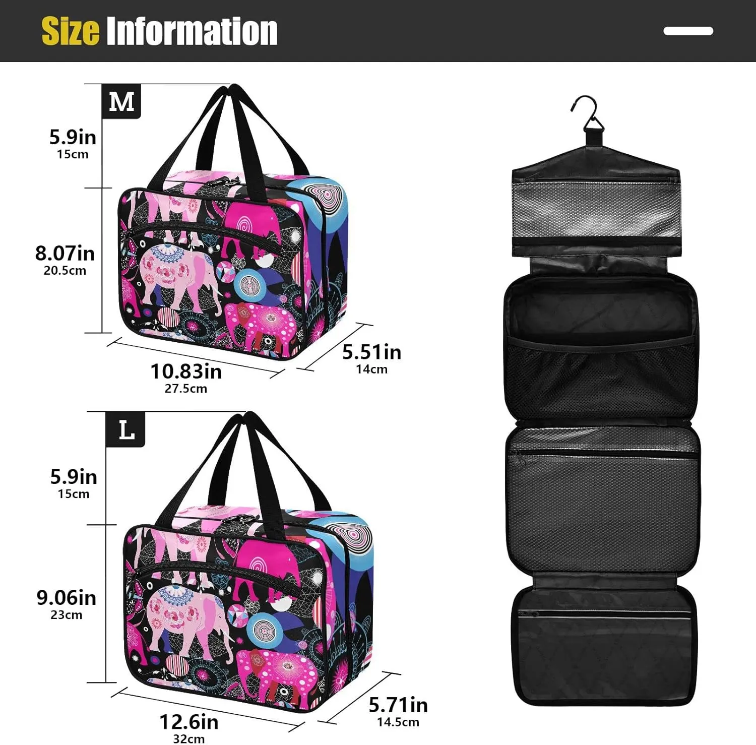 Seamless Bright Pink Elephants Tribal Ethnic Theme on Black Women's Portable Makeup Bag with Handle Cosmetic Bag, Twill Cloth Travel Cosmetic Bag, Polyester Toiletry Bag for Women L Size