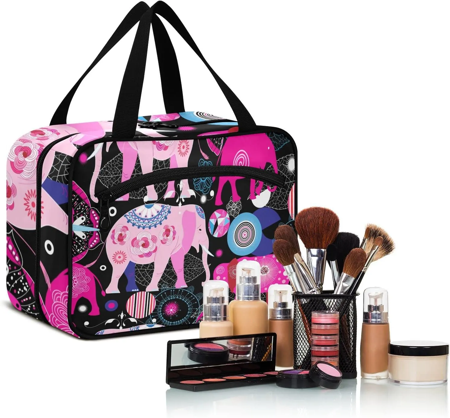 Seamless Bright Pink Elephants Tribal Ethnic Theme on Black Women's Portable Makeup Bag with Handle Cosmetic Bag, Twill Cloth Travel Cosmetic Bag, Polyester Toiletry Bag for Women L Size