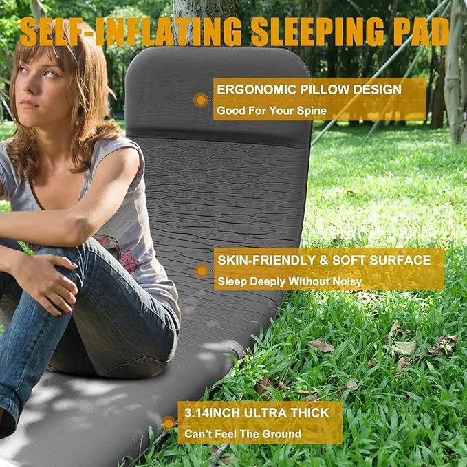 Self Inflating Sleeping Pad with Electric Pump, 3.14" Ultra-Thick Memory Foam Camping Mattress Pad with Pillow Fast Inflating in 30s,9.5 R-Value Insulated Camping Pad for Camping Car Travel Tent,Grey