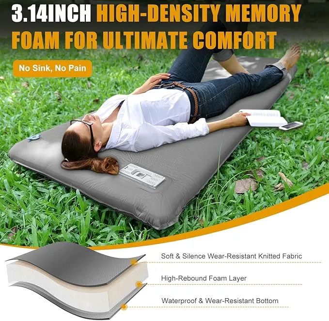 Self Inflating Sleeping Pad with Electric Pump, 3.14" Ultra-Thick Memory Foam Camping Mattress Pad with Pillow Fast Inflating in 30s,9.5 R-Value Insulated Camping Pad for Camping Car Travel Tent,Grey