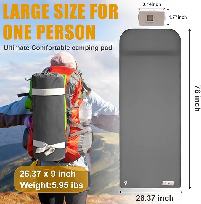 Self Inflating Sleeping Pad with Electric Pump, 3.14" Ultra-Thick Memory Foam Camping Mattress Pad with Pillow Fast Inflating in 30s,9.5 R-Value Insulated Camping Pad for Camping Car Travel Tent,Grey