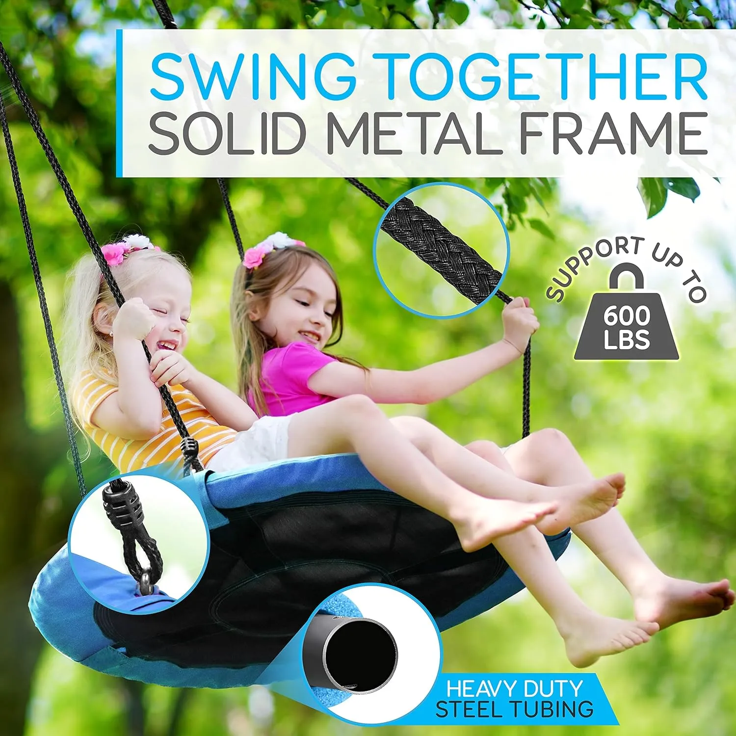 SereneLife Saucer Swing with Tree Hang Kit, 40” Outdoor Tree Swing, 2 Adjustable Hanging Rope Straps and Center Swivel Spinner for Kids (Blue)