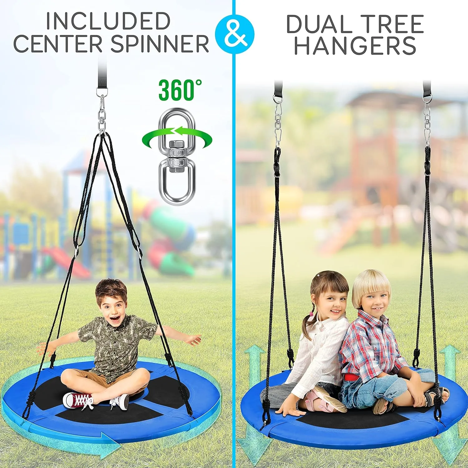 SereneLife Saucer Swing with Tree Hang Kit, 40” Outdoor Tree Swing, 2 Adjustable Hanging Rope Straps and Center Swivel Spinner for Kids (Blue)