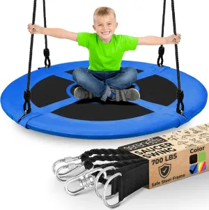 SereneLife Saucer Swing with Tree Hang Kit, 40” Outdoor Tree Swing, 2 Adjustable Hanging Rope Straps and Center Swivel Spinner for Kids (Blue)